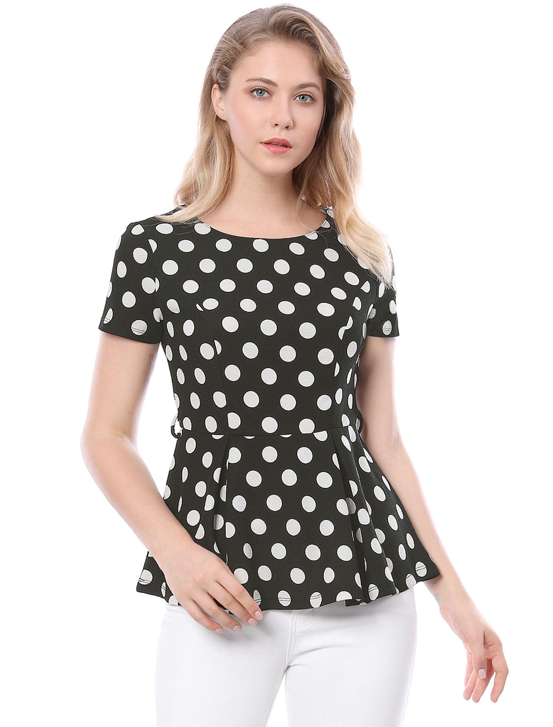 Women's Peplum Top Belted Round Neck Contrast Polka Dots Blouse