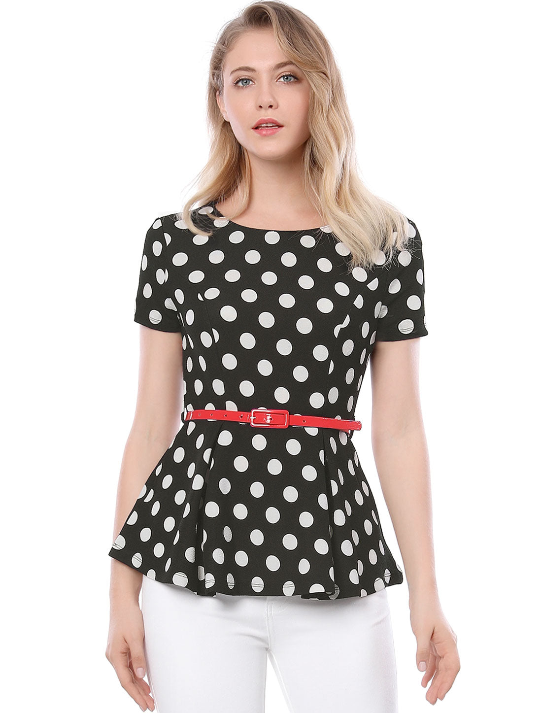 Women's Peplum Top Belted Round Neck Contrast Polka Dots Blouse