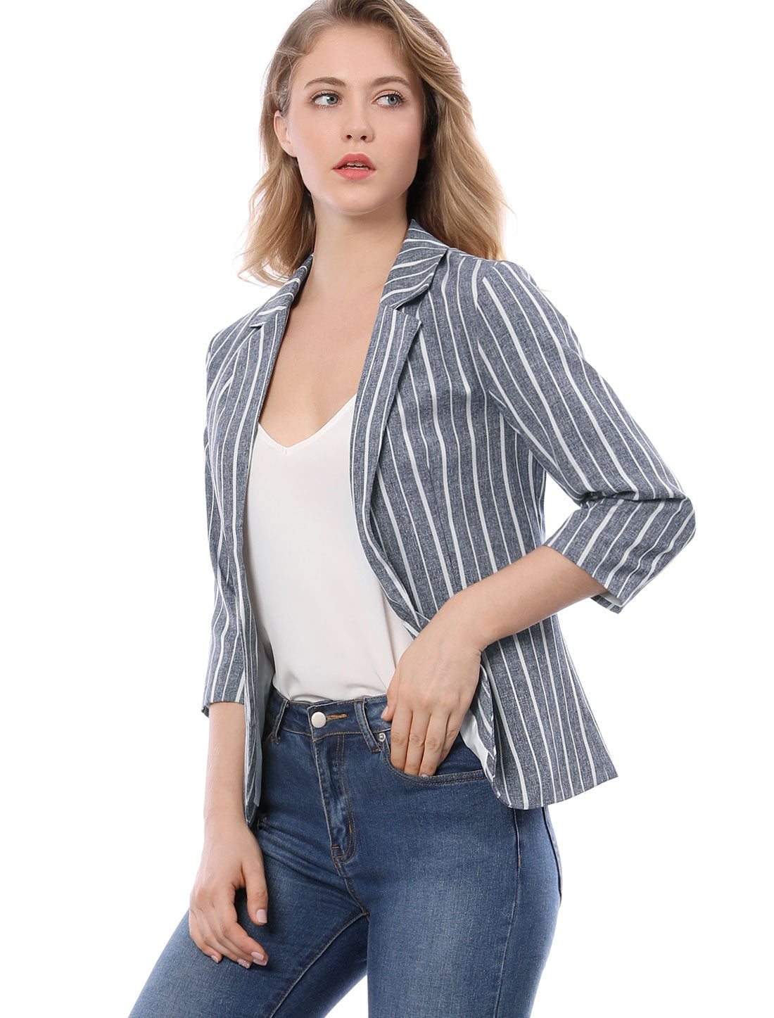 Women's Striped Open Front 3/4 Sleeves Notched Lapel Business Casual Blazer (Available in Plus Size)