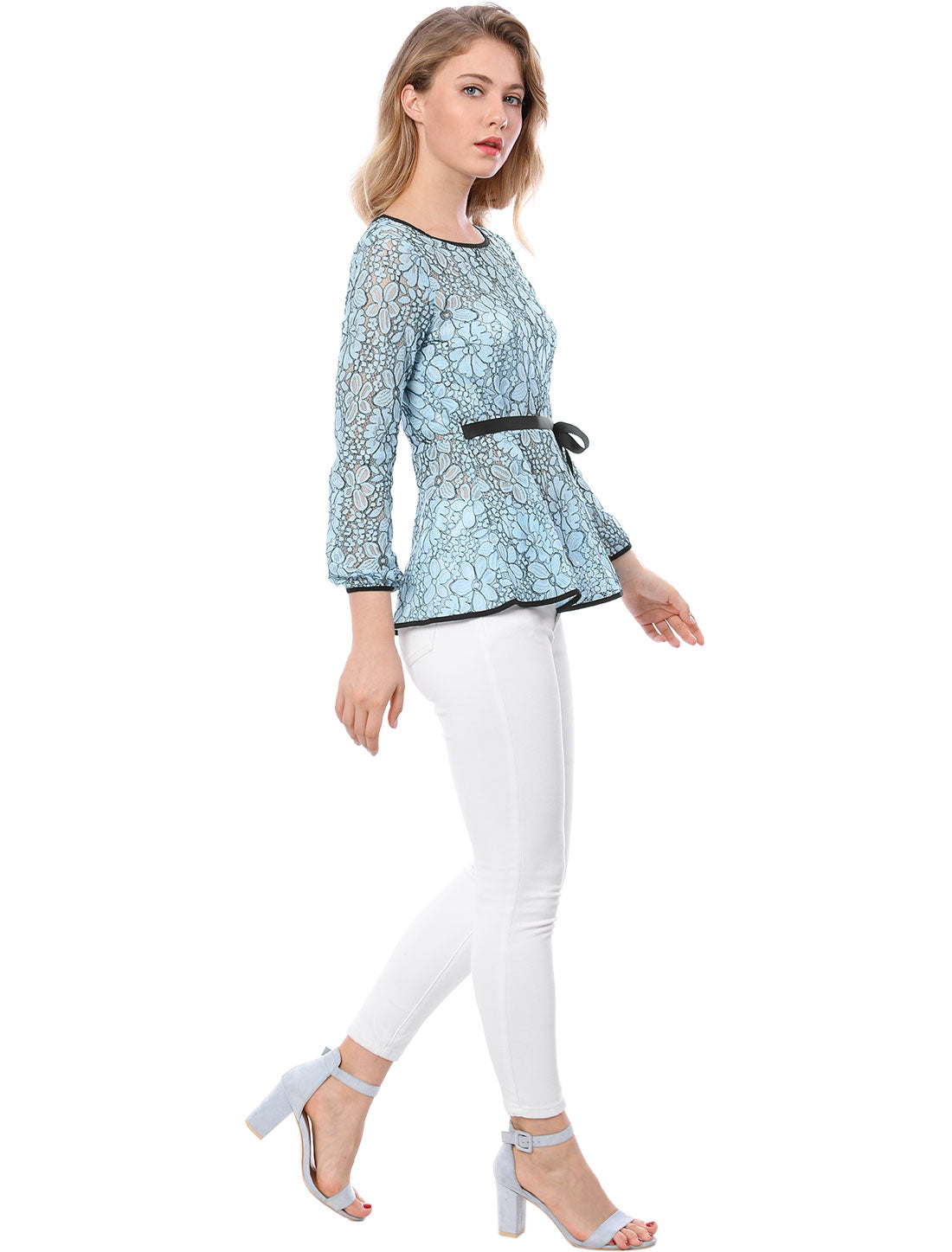 Women's Elegant Tie Waist Long Sleeve Top Lace Peplum Blouse (Available in Plus Size)