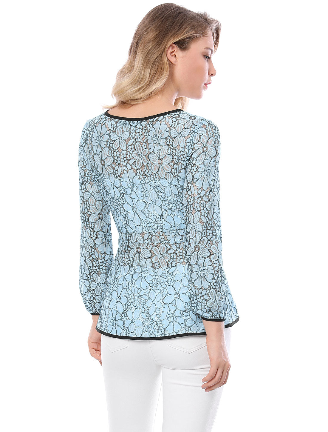 Women's Elegant Tie Waist Long Sleeve Top Lace Peplum Blouse (Available in Plus Size)