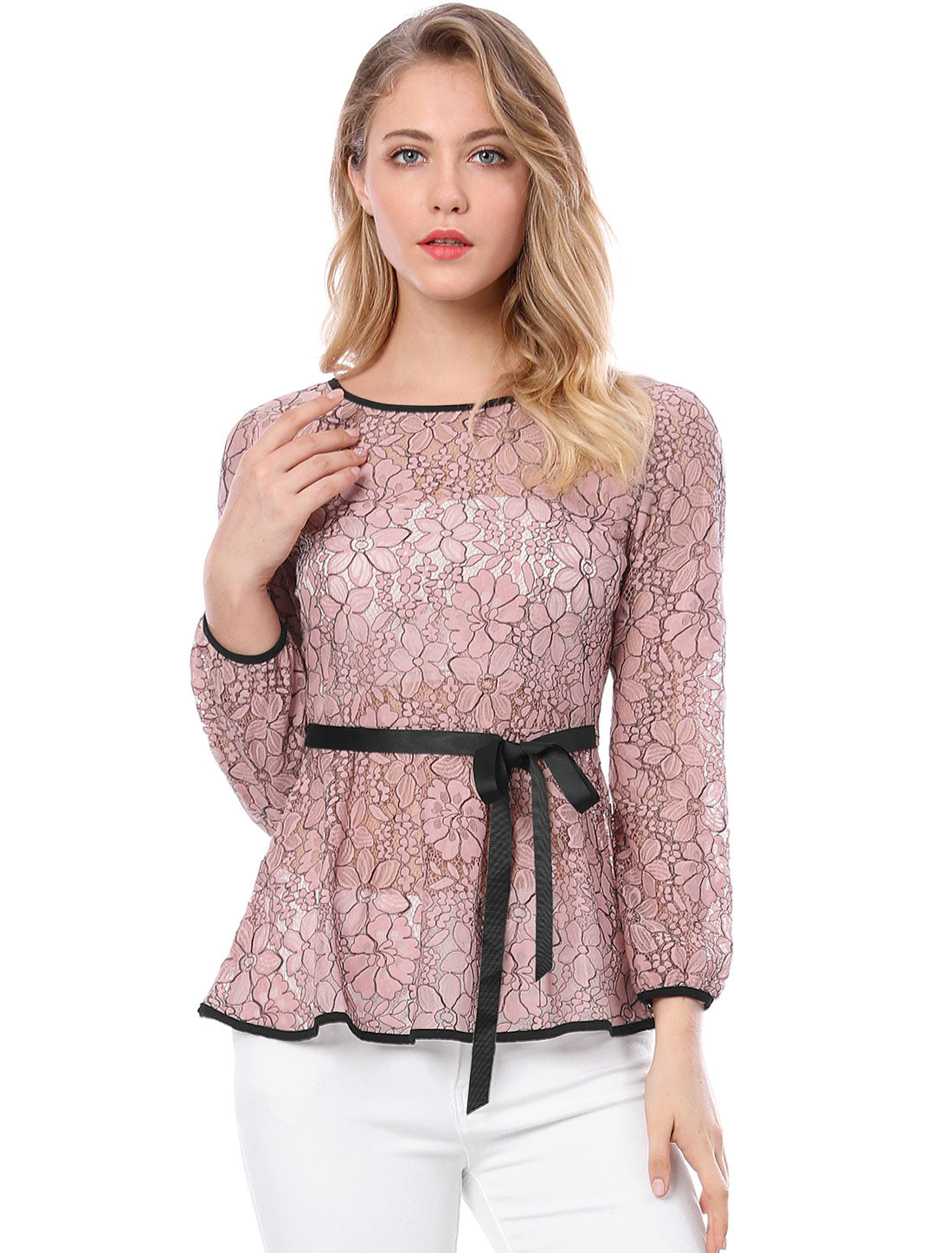 Women's Elegant Tie Waist Long Sleeve Top Lace Peplum Blouse (Available in Plus Size)