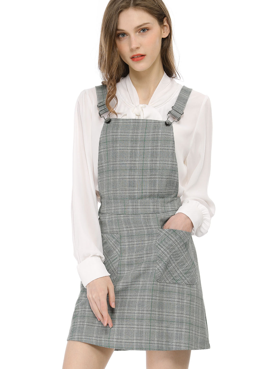 Women's Adjustable Strap Above Knee Plaid Printed Overall Dress Suspender Skirt