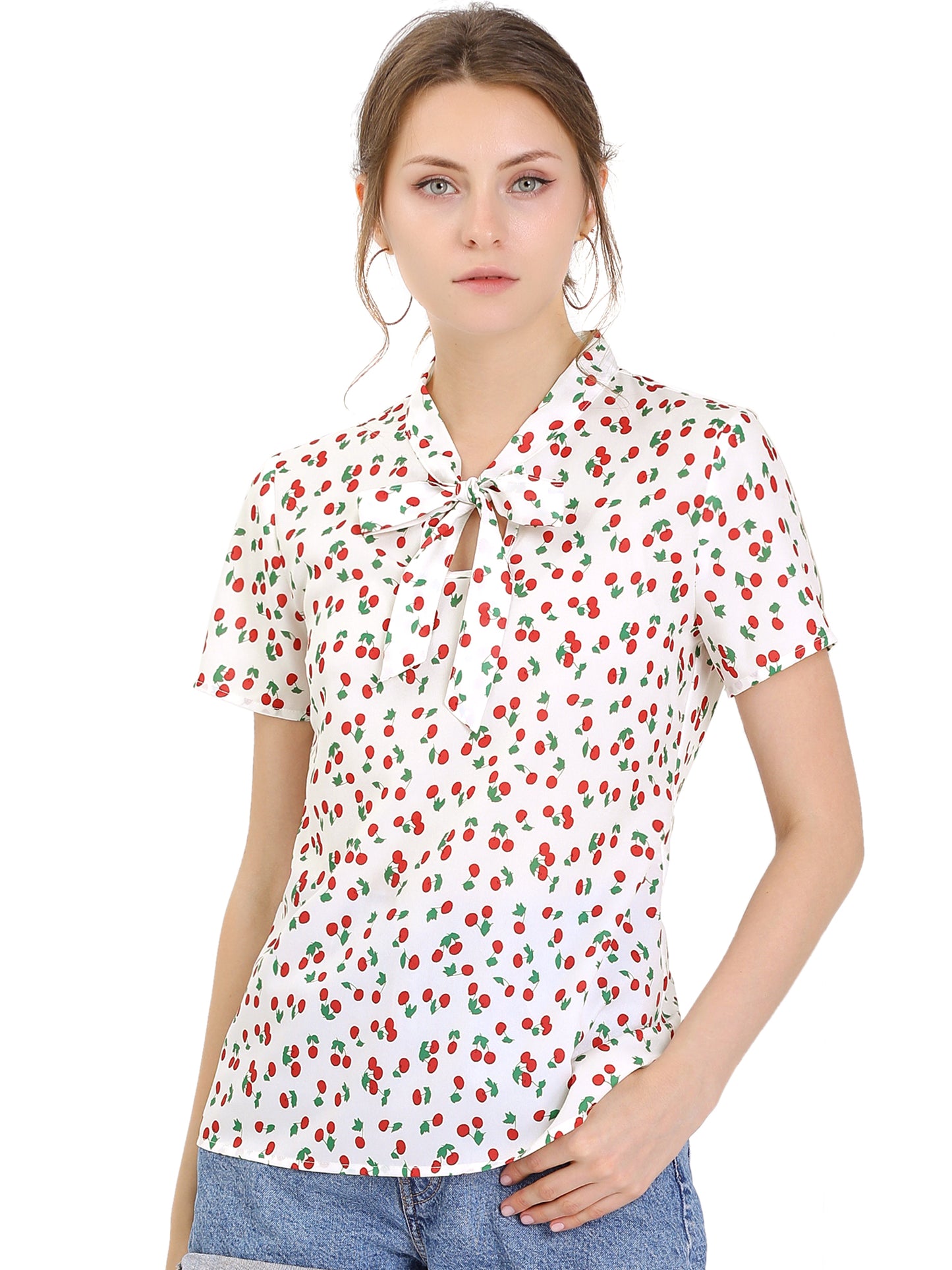 Women's Bow Tie Neck Short Sleeve Printed Chiffon Blouse