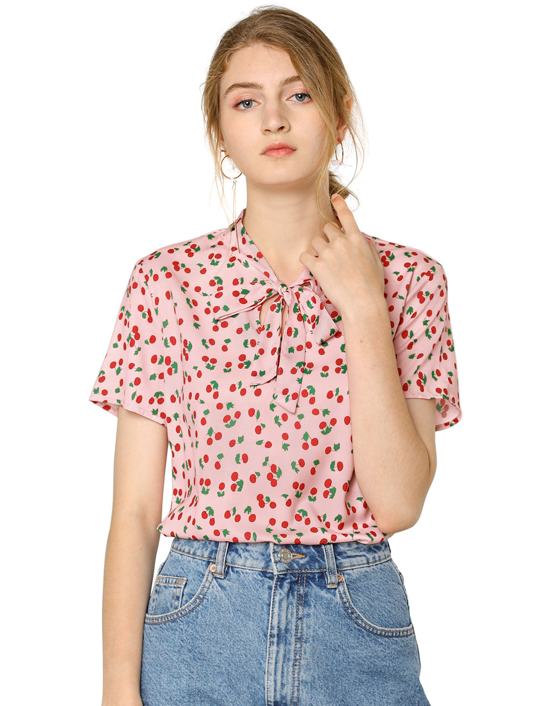 Women's Bow Tie Neck Short Sleeve Printed Chiffon Blouse