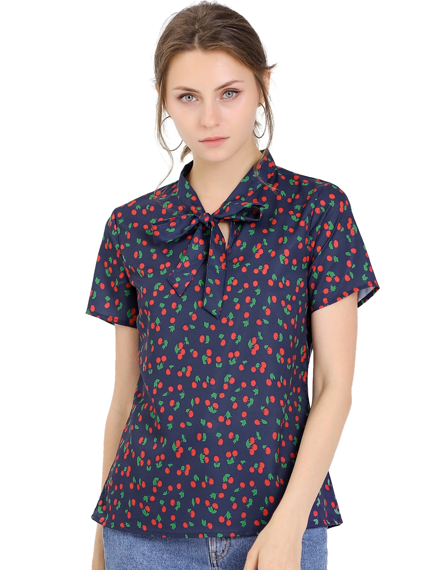 Women's Bow Tie Neck Short Sleeve Printed Chiffon Blouse