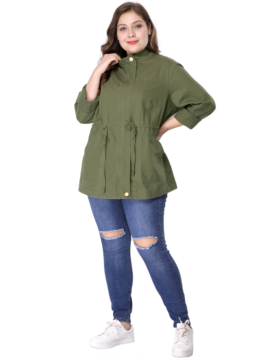 Women's Plus Size Jackets Lightweight Anorak Drawstring Utility Jacket with Pockets
