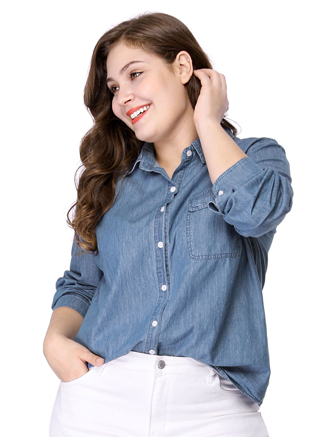 Women's Plus Size Button Down Long Sleeve Chest Pocket Chambray Shirt