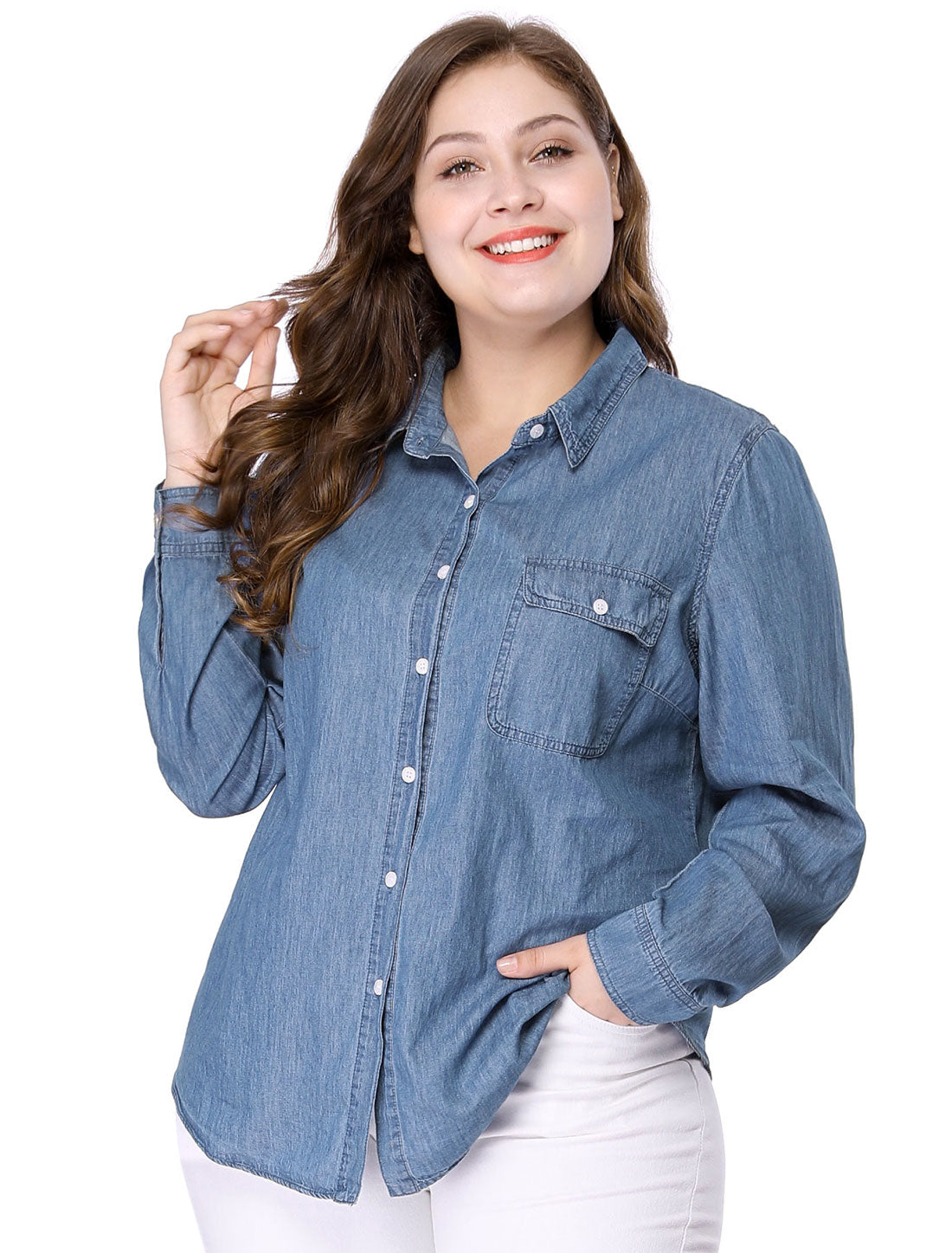 Women's Plus Size Button Down Long Sleeve Chest Pocket Chambray Shirt