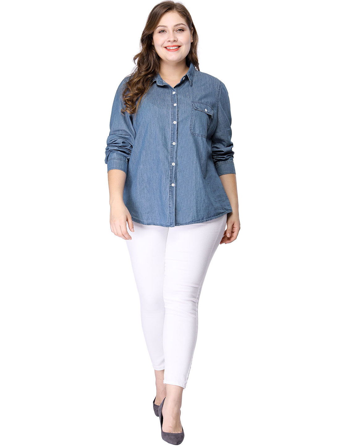 Women's Plus Size Button Down Long Sleeve Chest Pocket Chambray Shirt