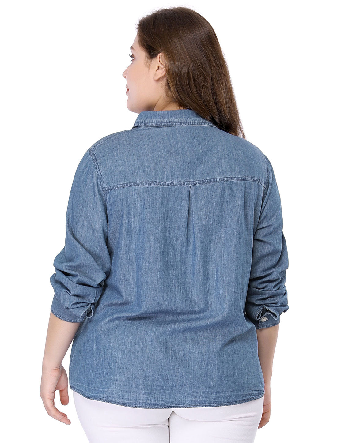 Women's Plus Size Button Down Long Sleeve Chest Pocket Chambray Shirt