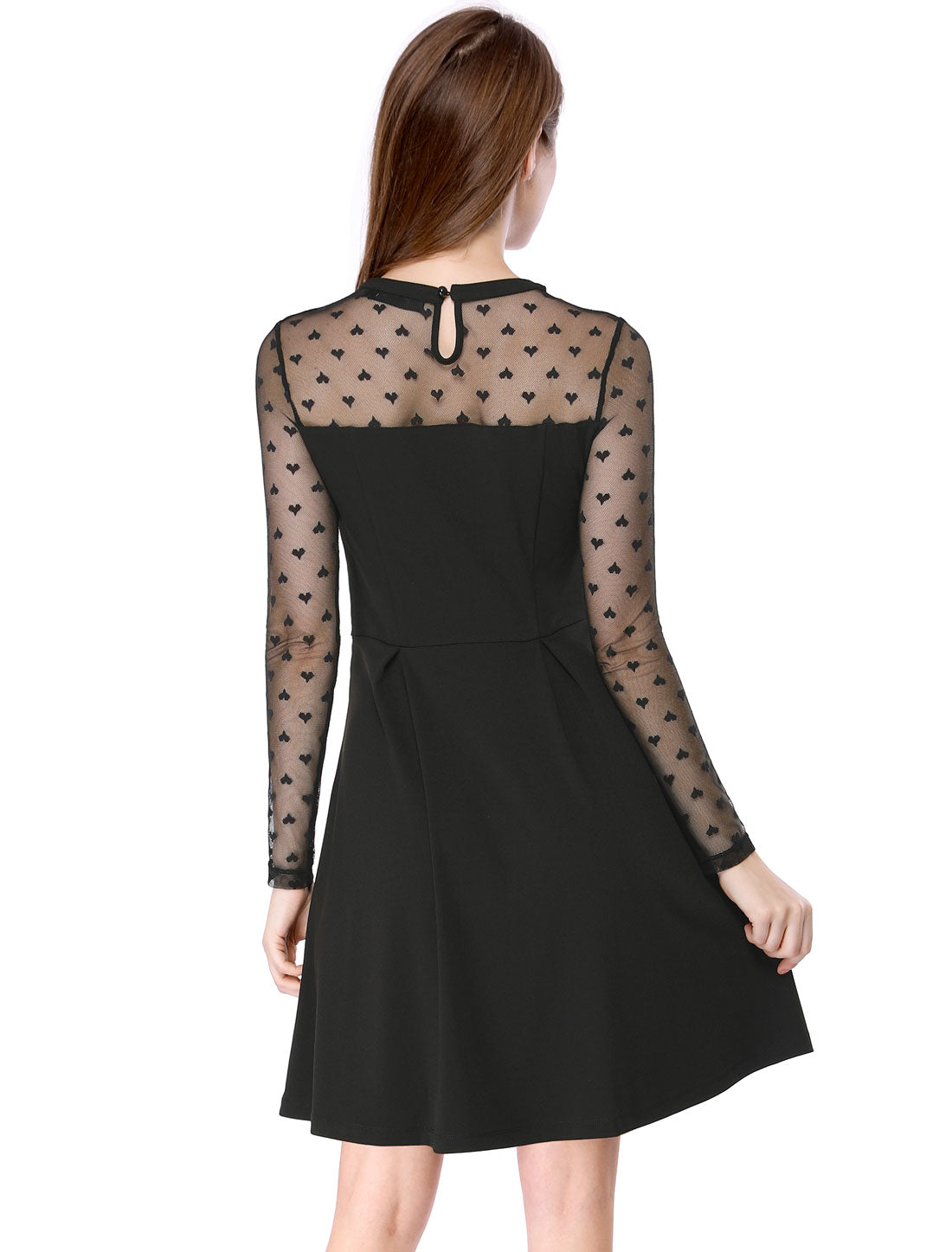 Women's Heart Mesh Sheer Long Sleeve Cocktail Party Skater Dress