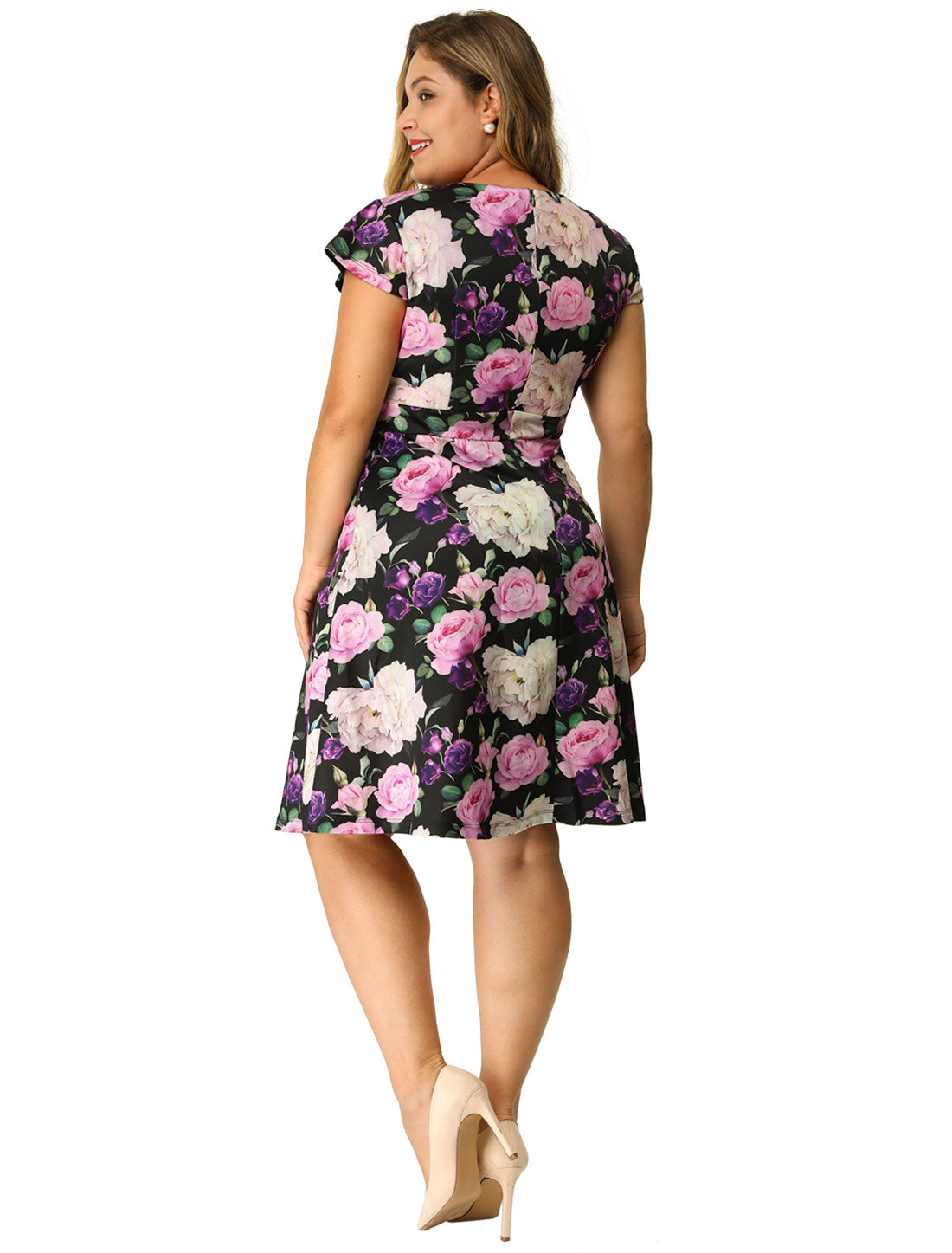 Women's Plus Size Dresses Deep V Neck Above Knee Cap Sleeve Floral Dress