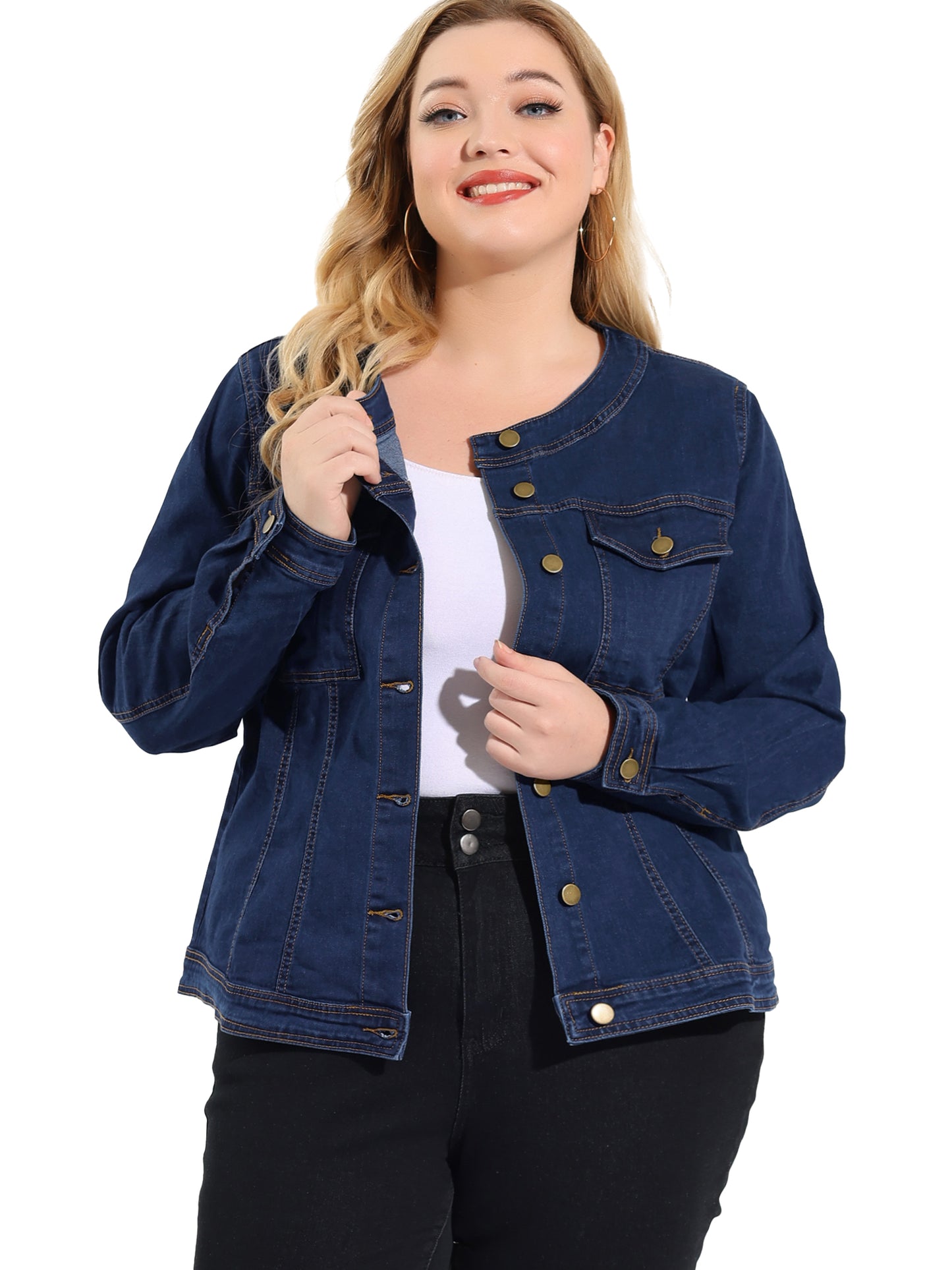 Women Plus Size Collarless Long Sleeve Button Down Jean Denim Jacket