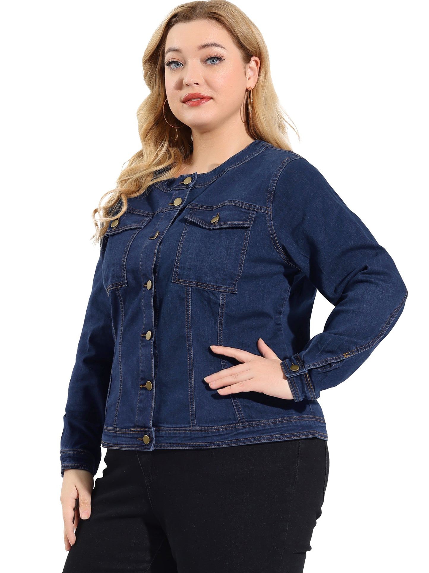 Women Plus Size Collarless Long Sleeve Button Down Jean Denim Jacket