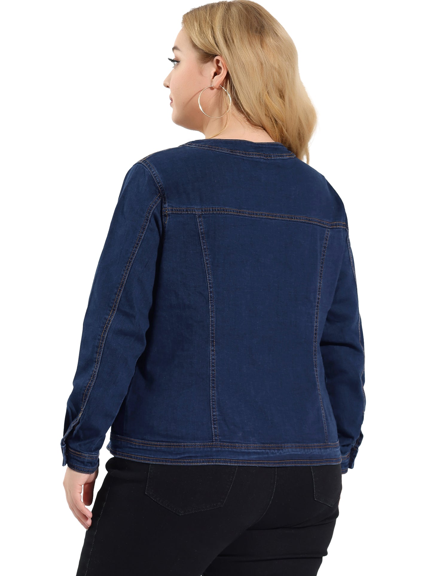 Women Plus Size Collarless Long Sleeve Button Down Jean Denim Jacket
