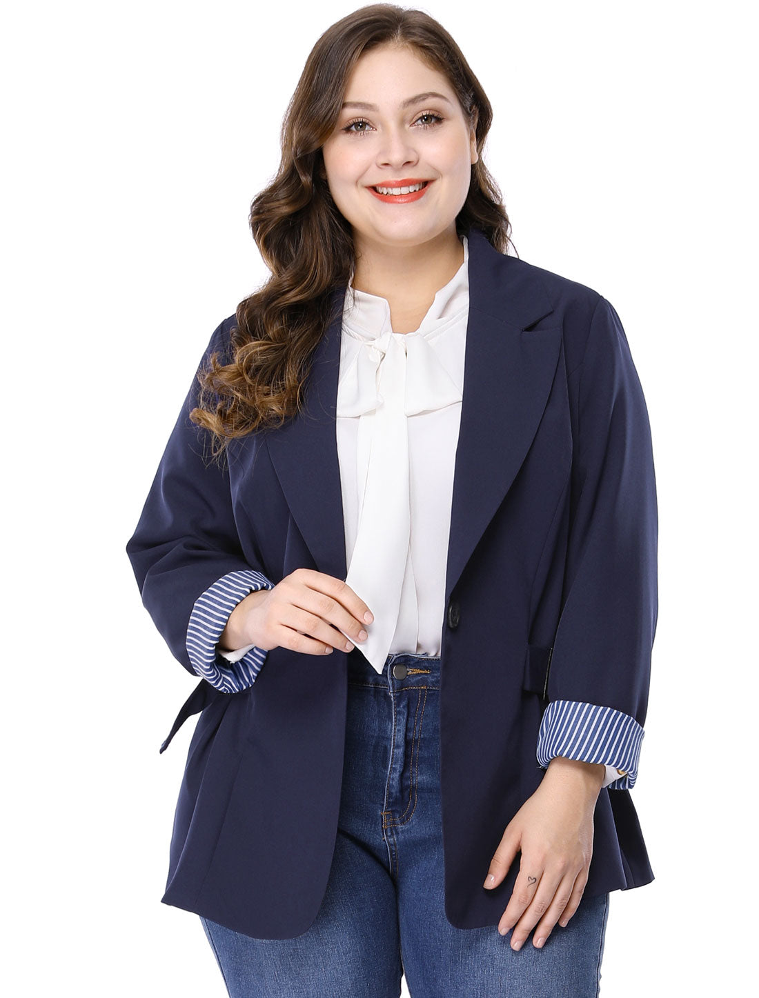 Women's Plus Size Contrast Stripe Cuff Notched Lapel Casual Blazers Jacket