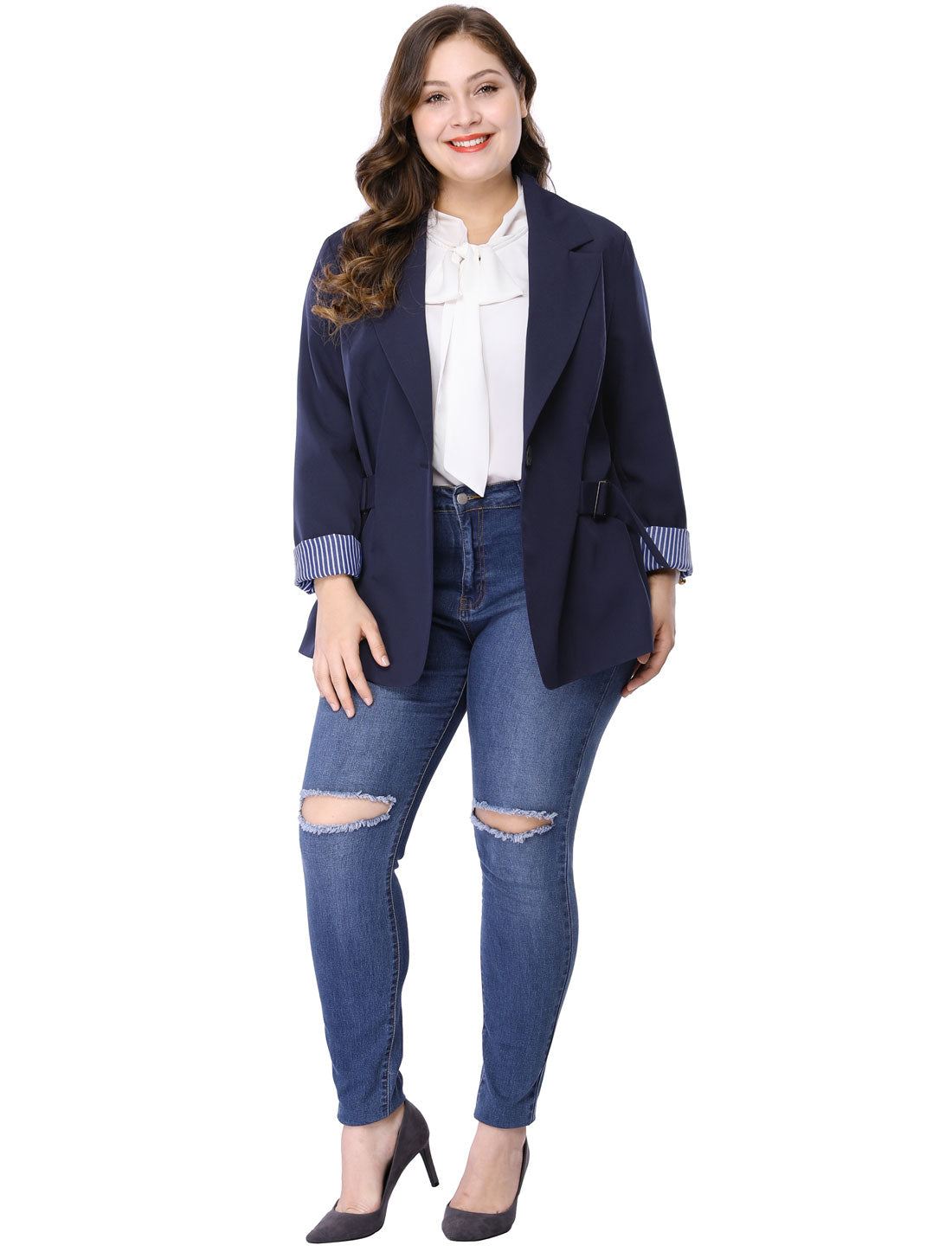 Women's Plus Size Contrast Stripe Cuff Notched Lapel Casual Blazers Jacket
