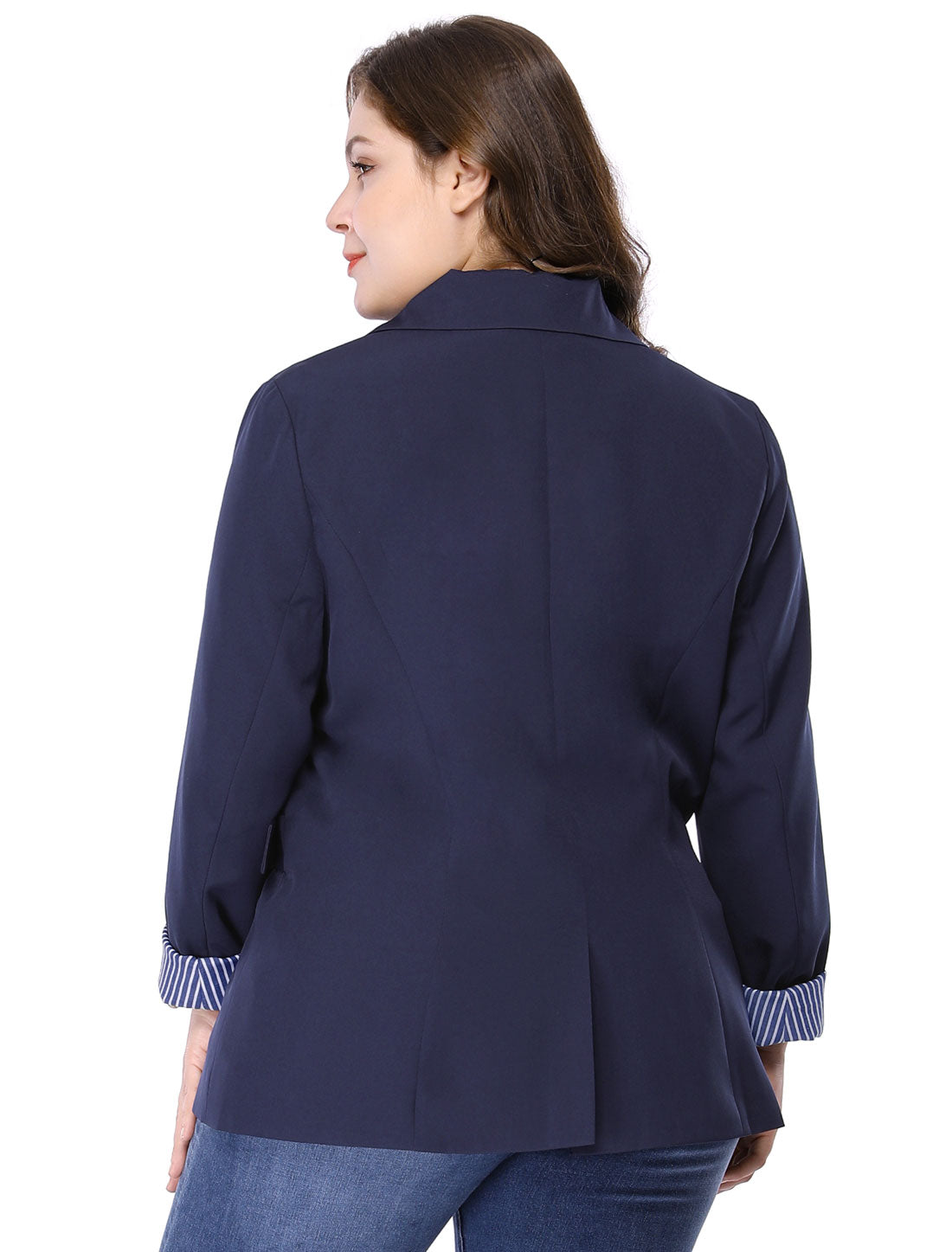 Women's Plus Size Contrast Stripe Cuff Notched Lapel Casual Blazers Jacket