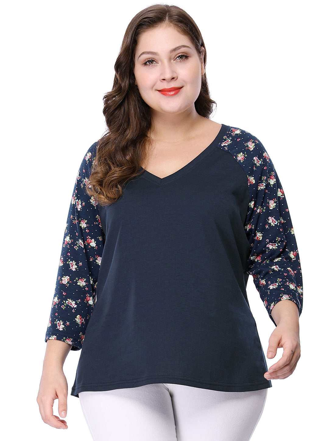 Women's Plus Size Top Casual V Neck 3/4 Sleeve Floral Raglan Top T-Shirt
