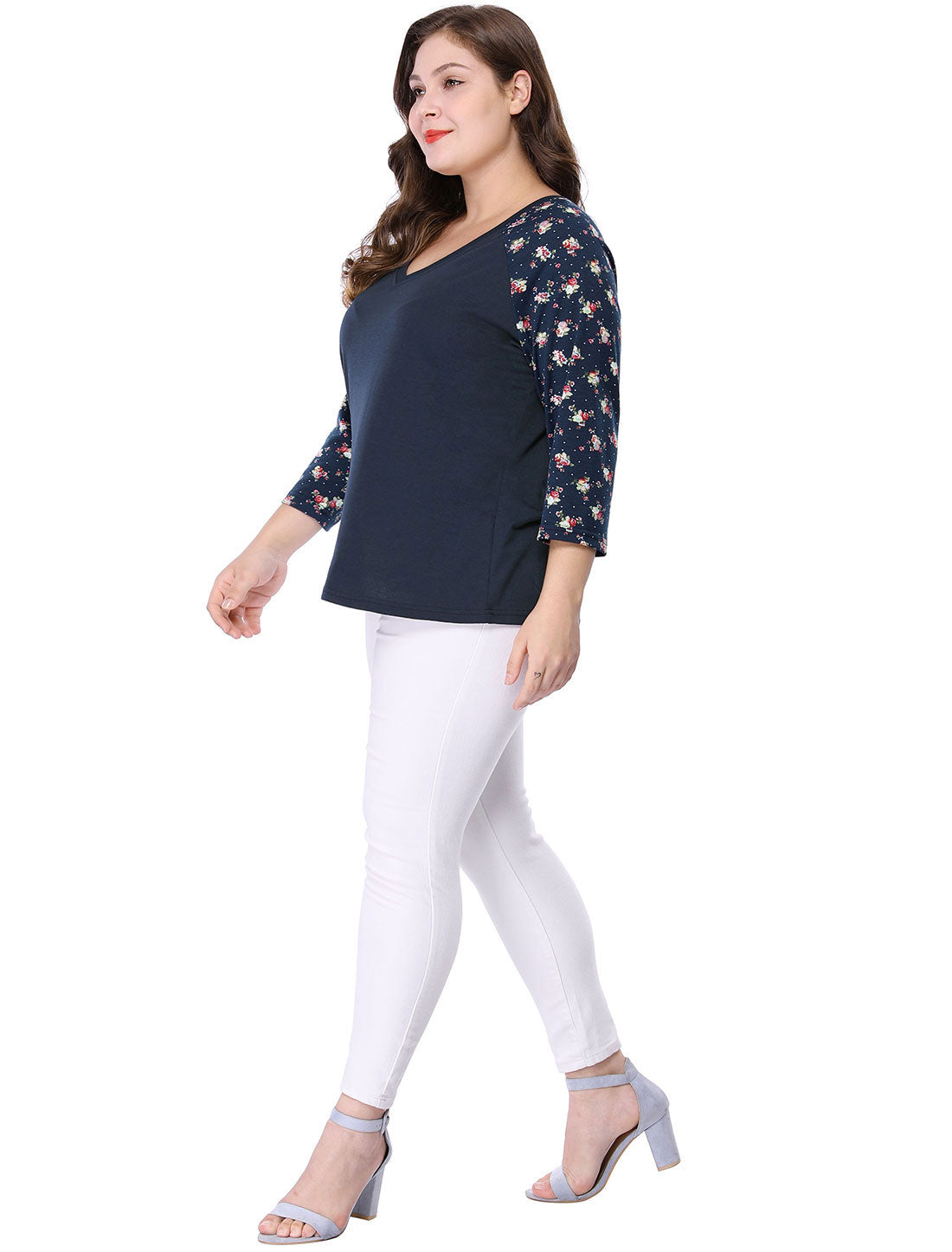 Women's Plus Size Top Casual V Neck 3/4 Sleeve Floral Raglan Top T-Shirt