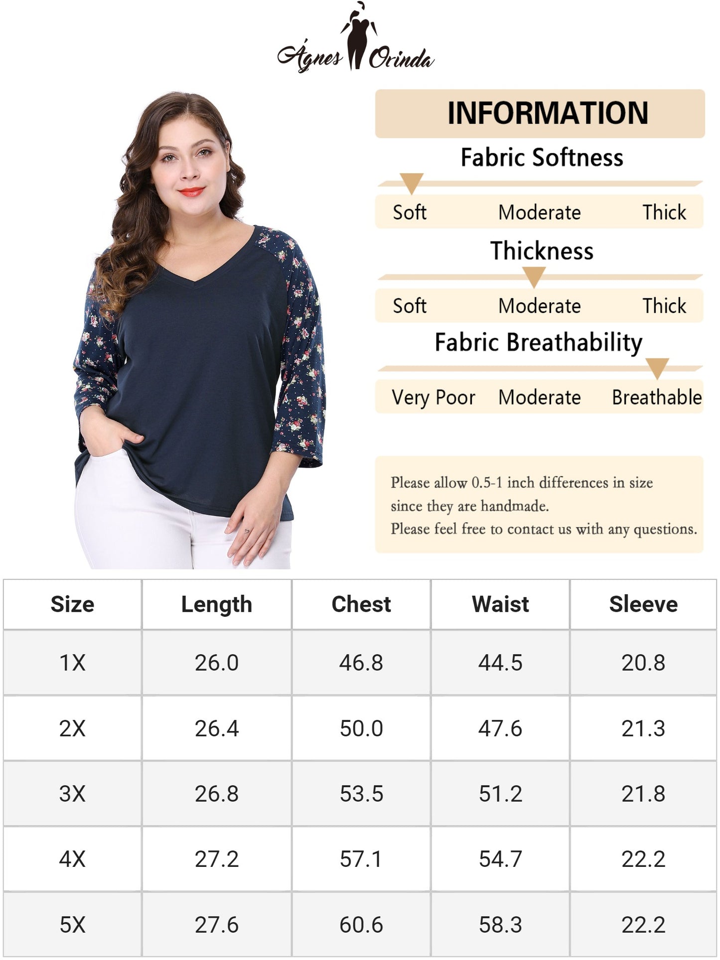 Women's Plus Size Top Casual V Neck 3/4 Sleeve Floral Raglan Top T-Shirt