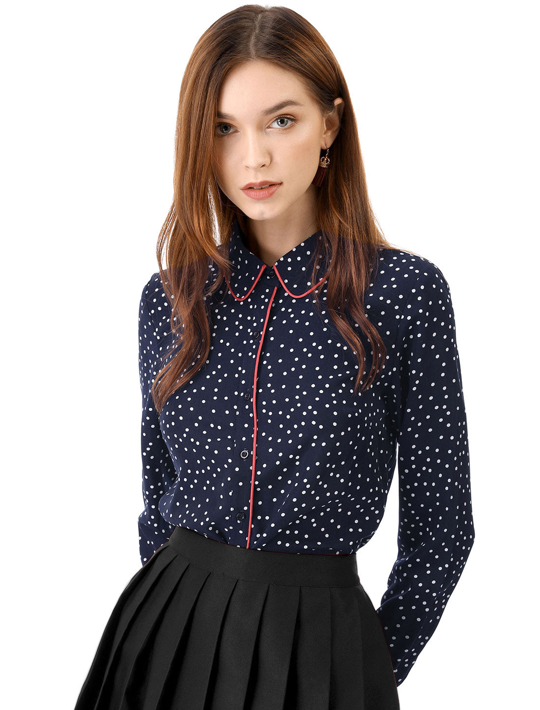 Women's Printed Long Sleeve Piped Button Down Office Shirt