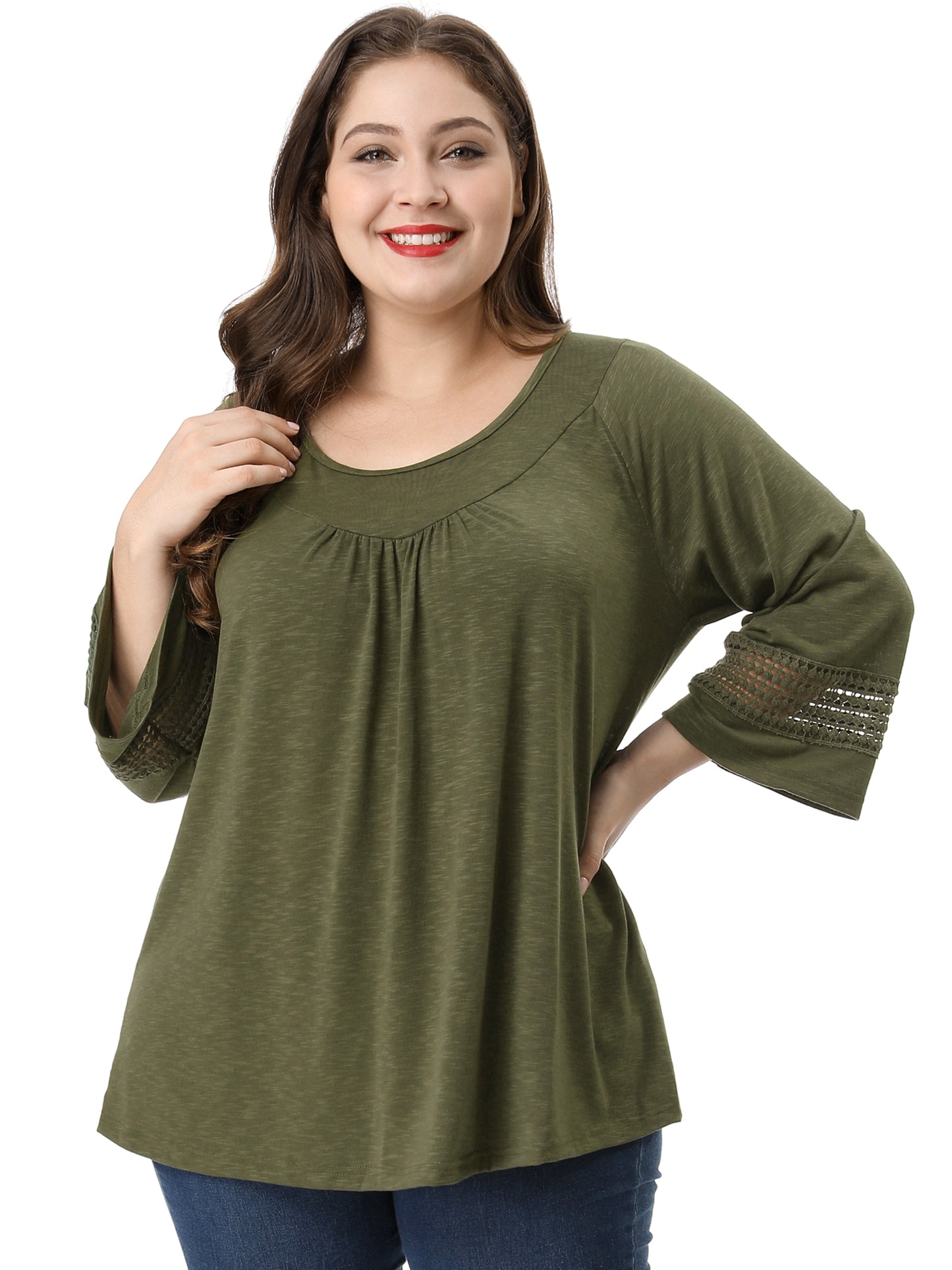 Women's Plus Size Tops Long Sleeve Crochet Panel Hollow Out Pleated Tunics Blouse