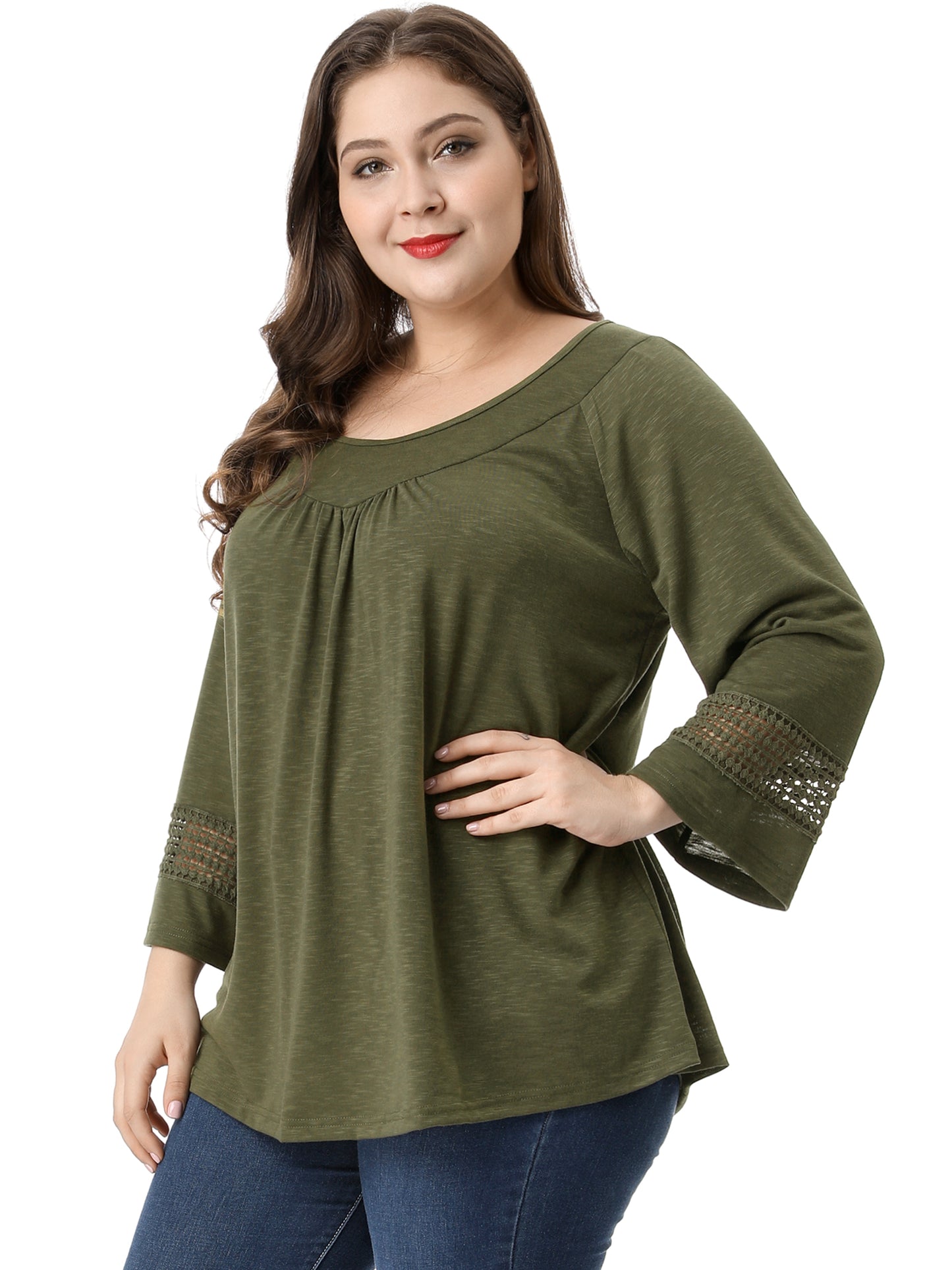 Women's Plus Size Tops Long Sleeve Crochet Panel Hollow Out Pleated Tunics Blouse