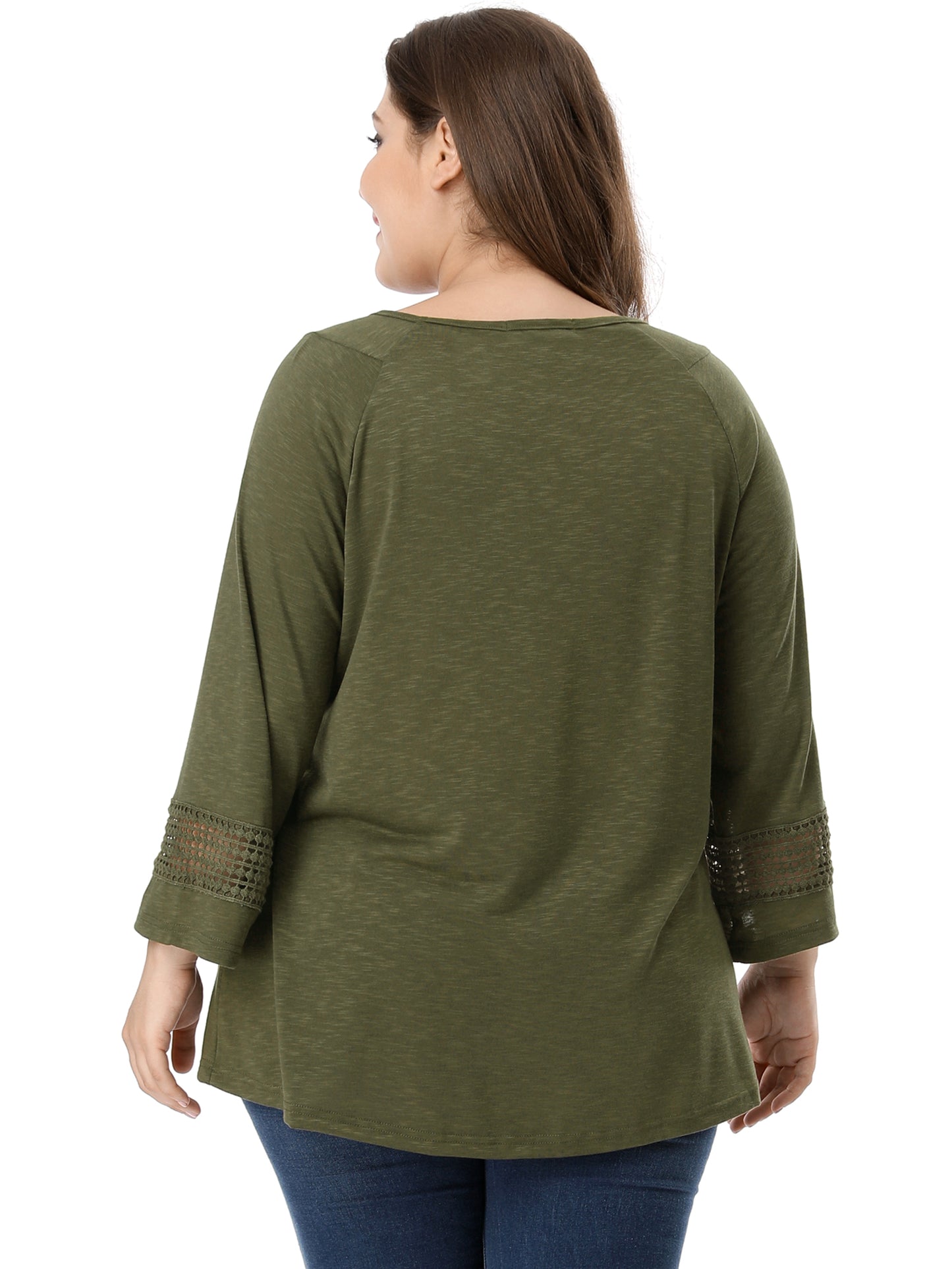 Women's Plus Size Tops Long Sleeve Crochet Panel Hollow Out Pleated Tunics Blouse