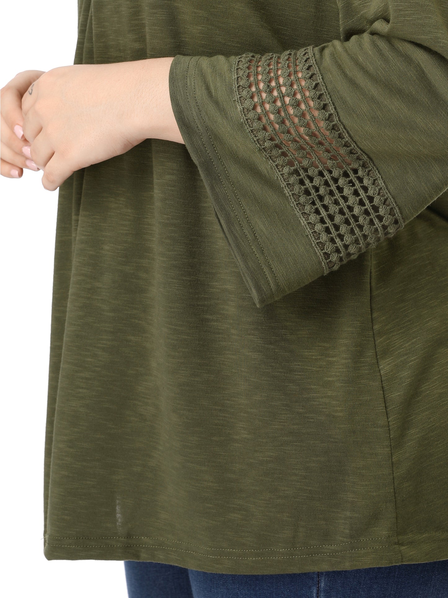 Women's Plus Size Tops Long Sleeve Crochet Panel Hollow Out Pleated Tunics Blouse