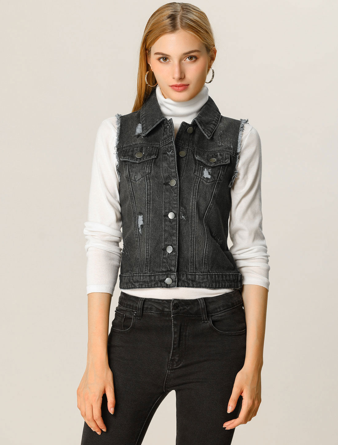 Women's Denim Vests Collared Button Closure Washed Distressed Sleeveless Jean Vest