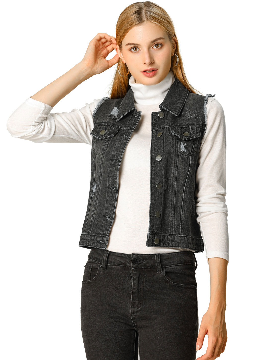 Women's Denim Vests Collared Button Closure Washed Distressed Sleeveless Jean Vest