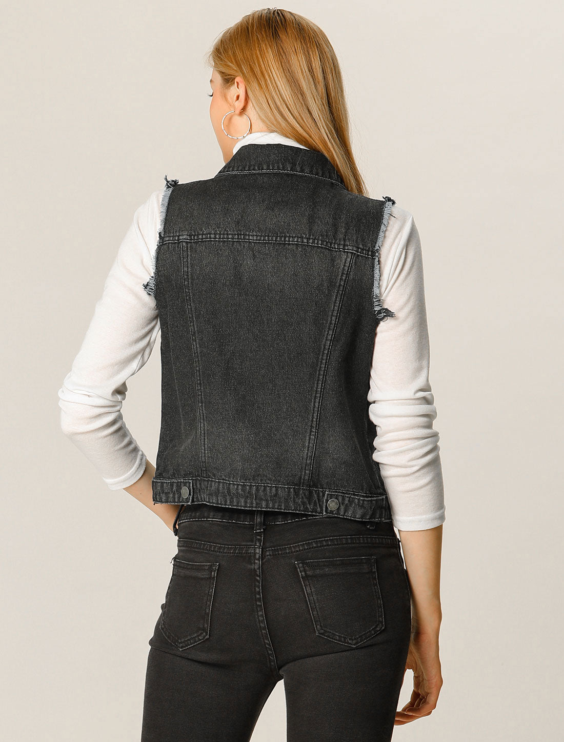 Women's Denim Vests Collared Button Closure Washed Distressed Sleeveless Jean Vest