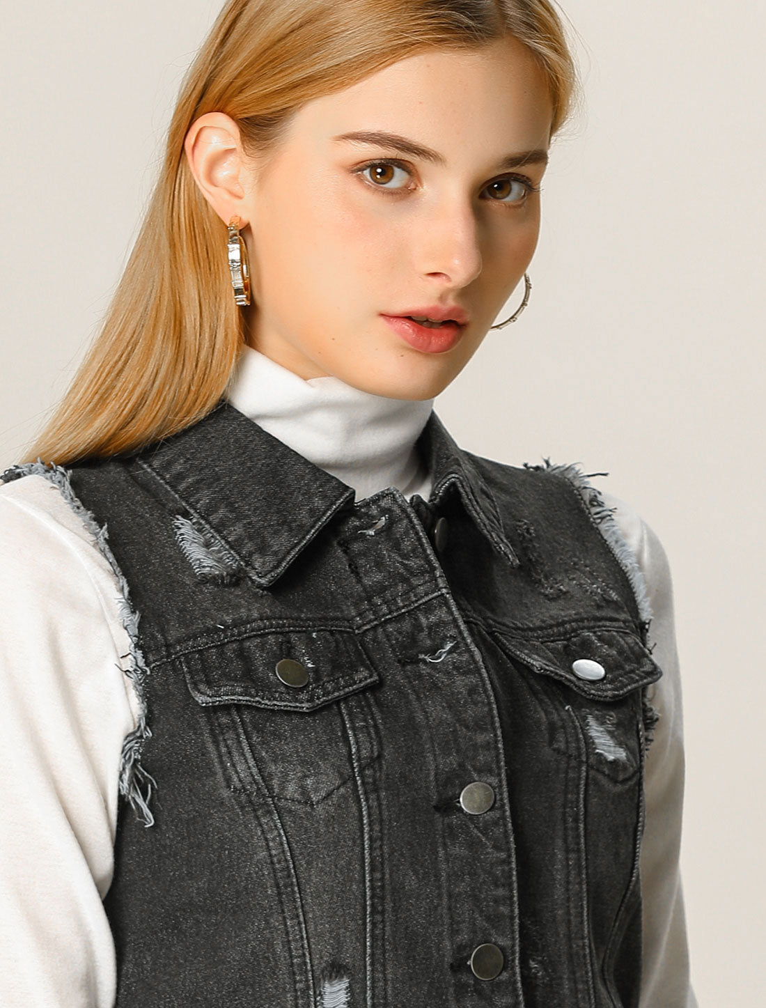 Women's Denim Vests Collared Button Closure Washed Distressed Sleeveless Jean Vest