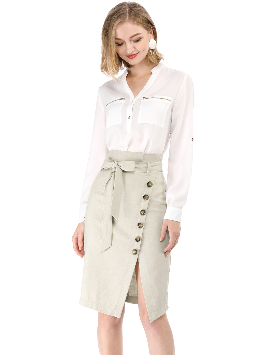 Women's Pencil Skirt High Waisted Slit Button Decor Belted Work Skirts