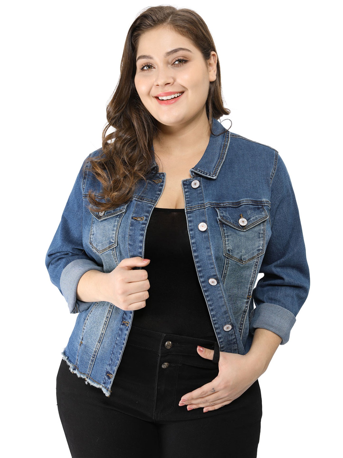 Women's Plus Size Classic Washed Front Frayed Denim Jacket