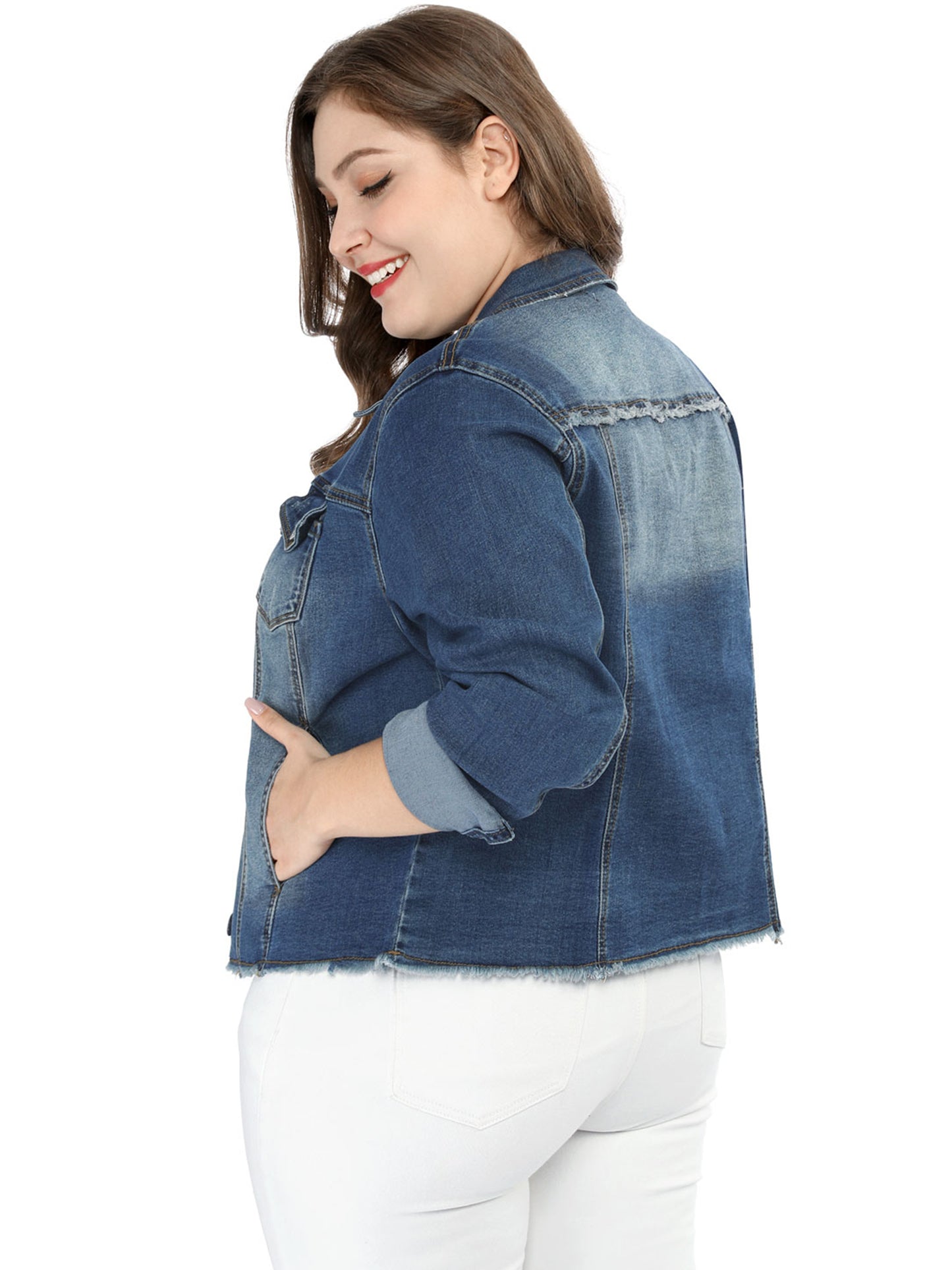 Women's Plus Size Classic Washed Front Frayed Denim Jacket