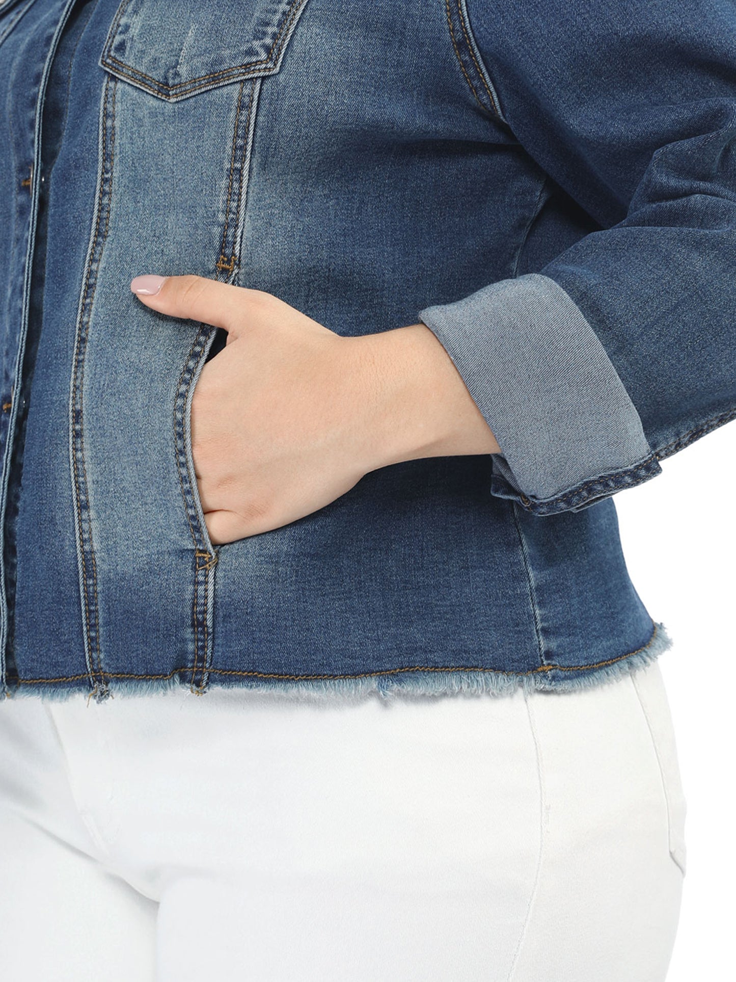 Women's Plus Size Classic Washed Front Frayed Denim Jacket