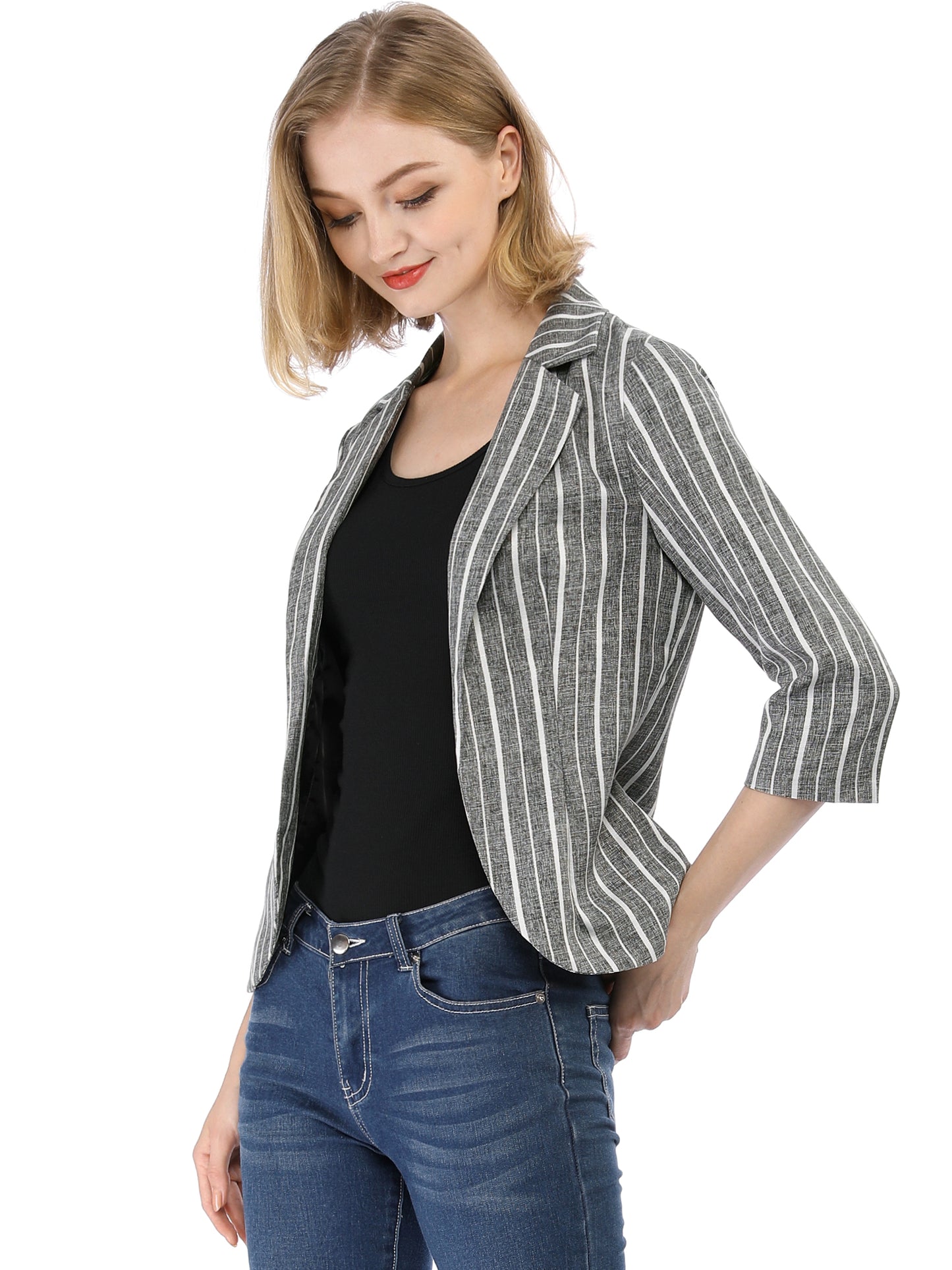 Women's Striped Open Front 3/4 Sleeves Notched Lapel Business Casual Blazer (Available in Plus Size)