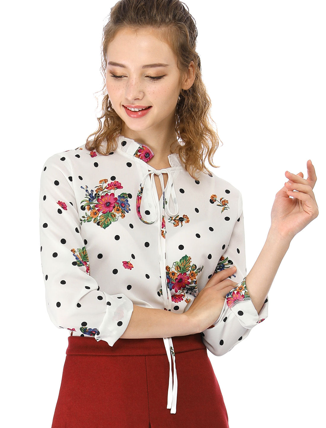 Women's Ruffled Tie Neck Long Sleeves Floral Polka Dots Blouse Top