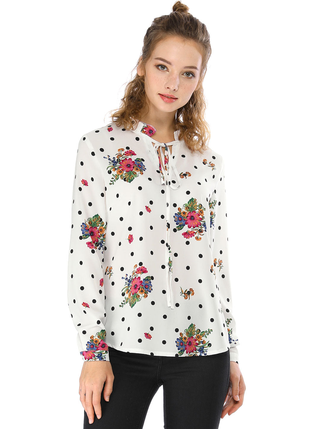 Women's Ruffled Tie Neck Long Sleeves Floral Polka Dots Blouse Top