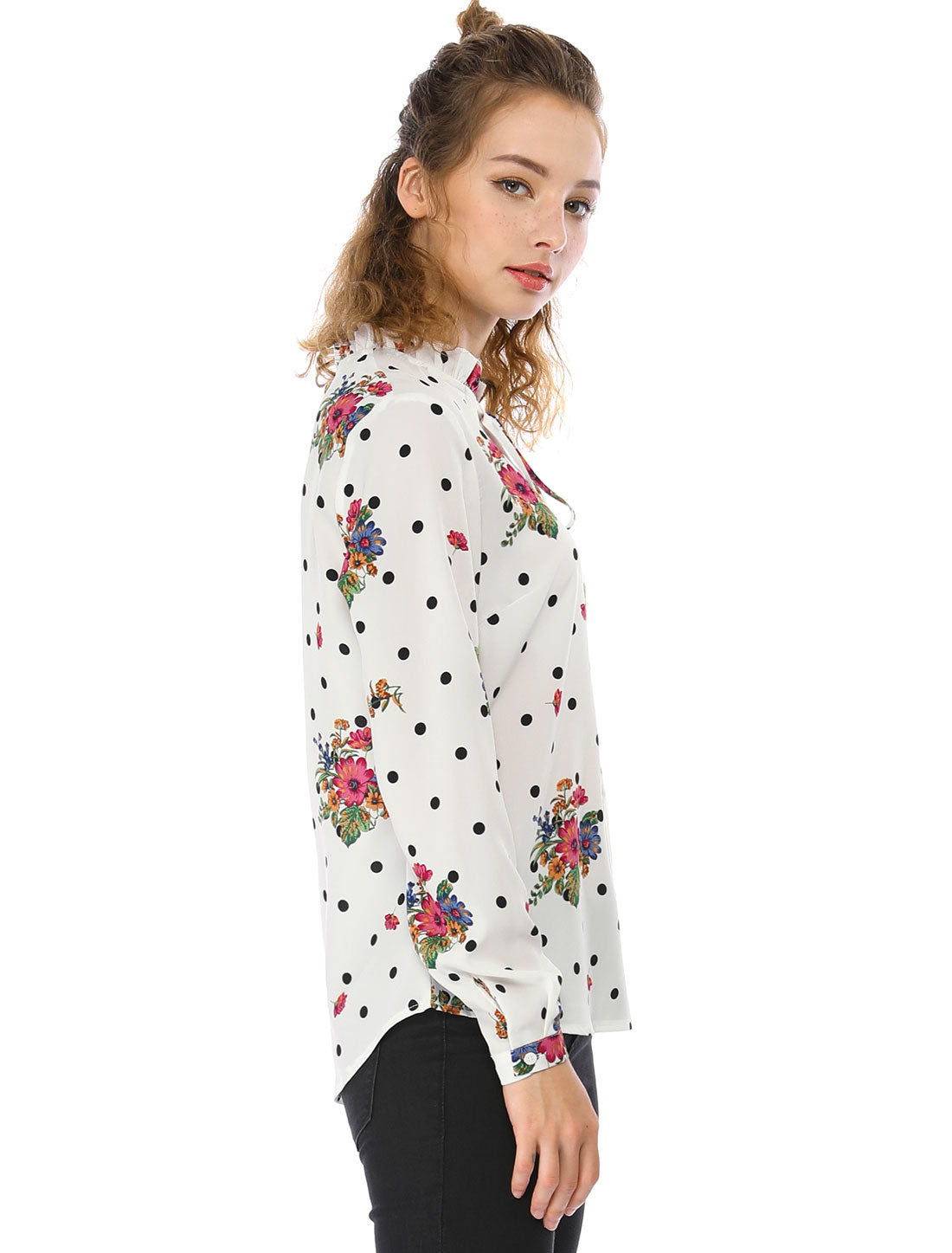 Women's Ruffled Tie Neck Long Sleeves Floral Polka Dots Blouse Top