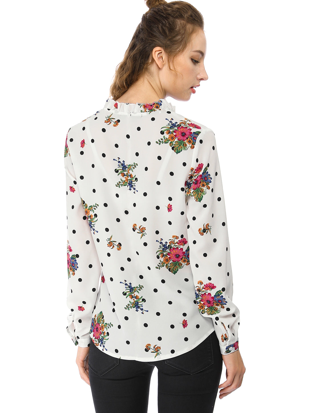 Women's Ruffled Tie Neck Long Sleeves Floral Polka Dots Blouse Top
