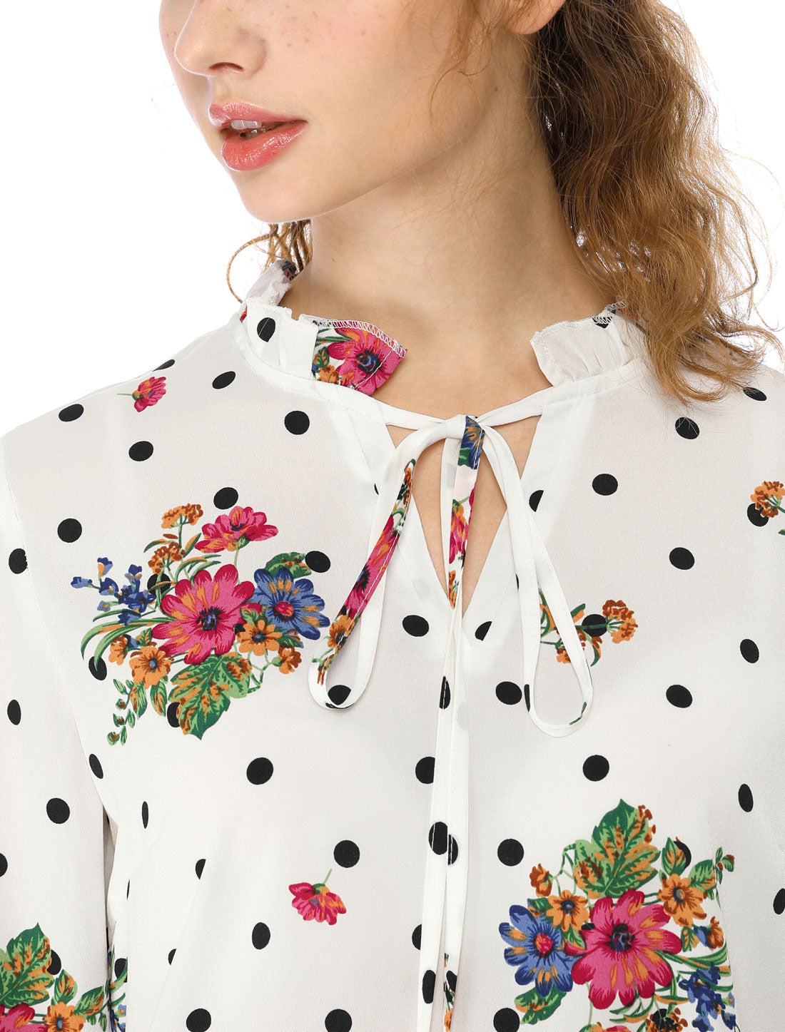 Women's Ruffled Tie Neck Long Sleeves Floral Polka Dots Blouse Top