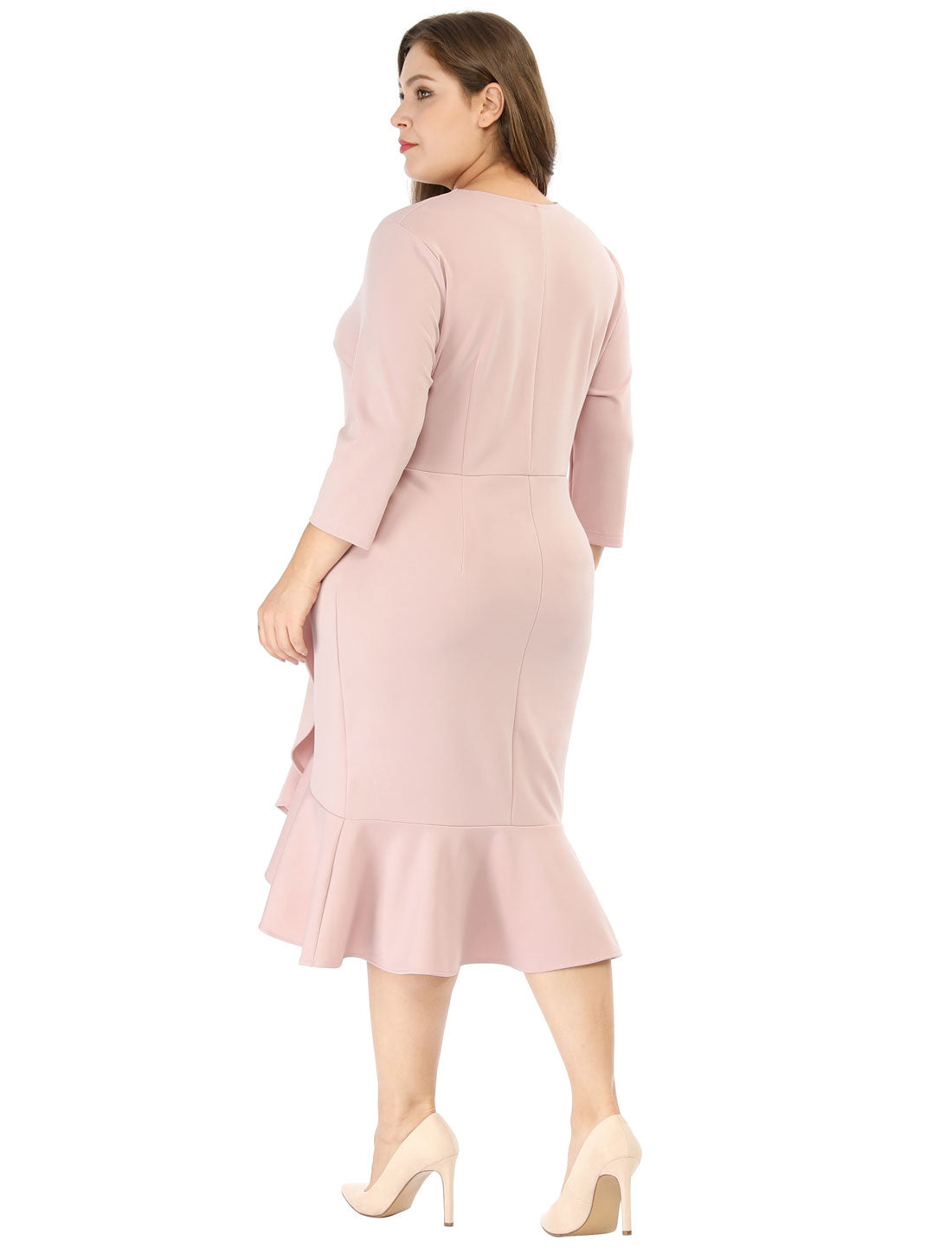 Women's Plus Size Business Ruffled Dress 3/4 Sleeve Office Work Cocktail Dresses Party Wrap Dress