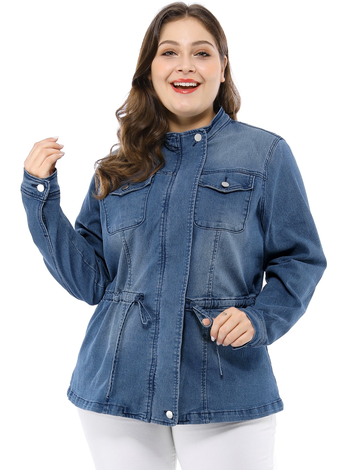 Women's Plus Size Denim Jacket Stretch Stand Collar Zip Drawstring Jean Jacket