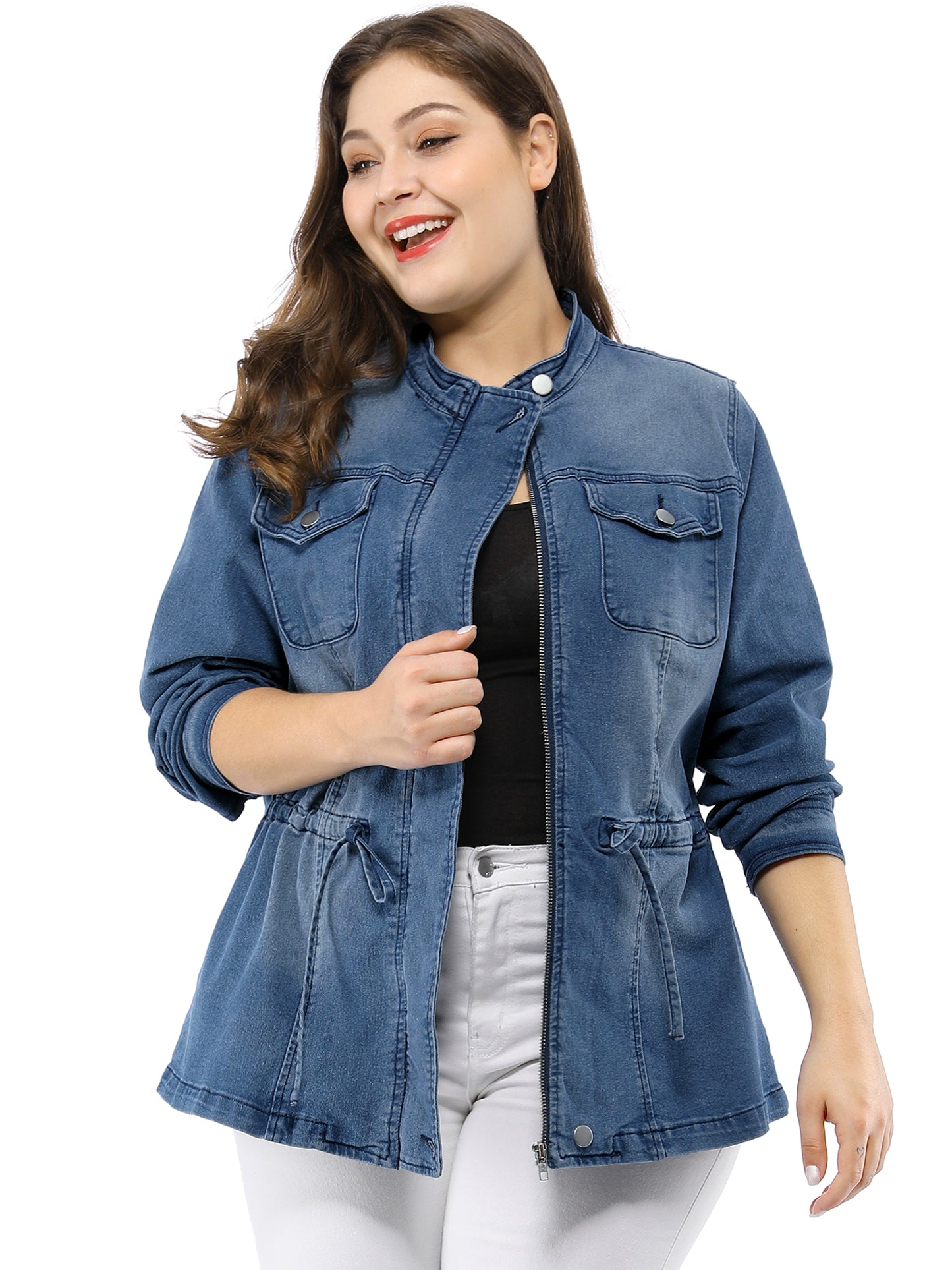 Women's Plus Size Denim Jacket Stretch Stand Collar Zip Drawstring Jean Jacket