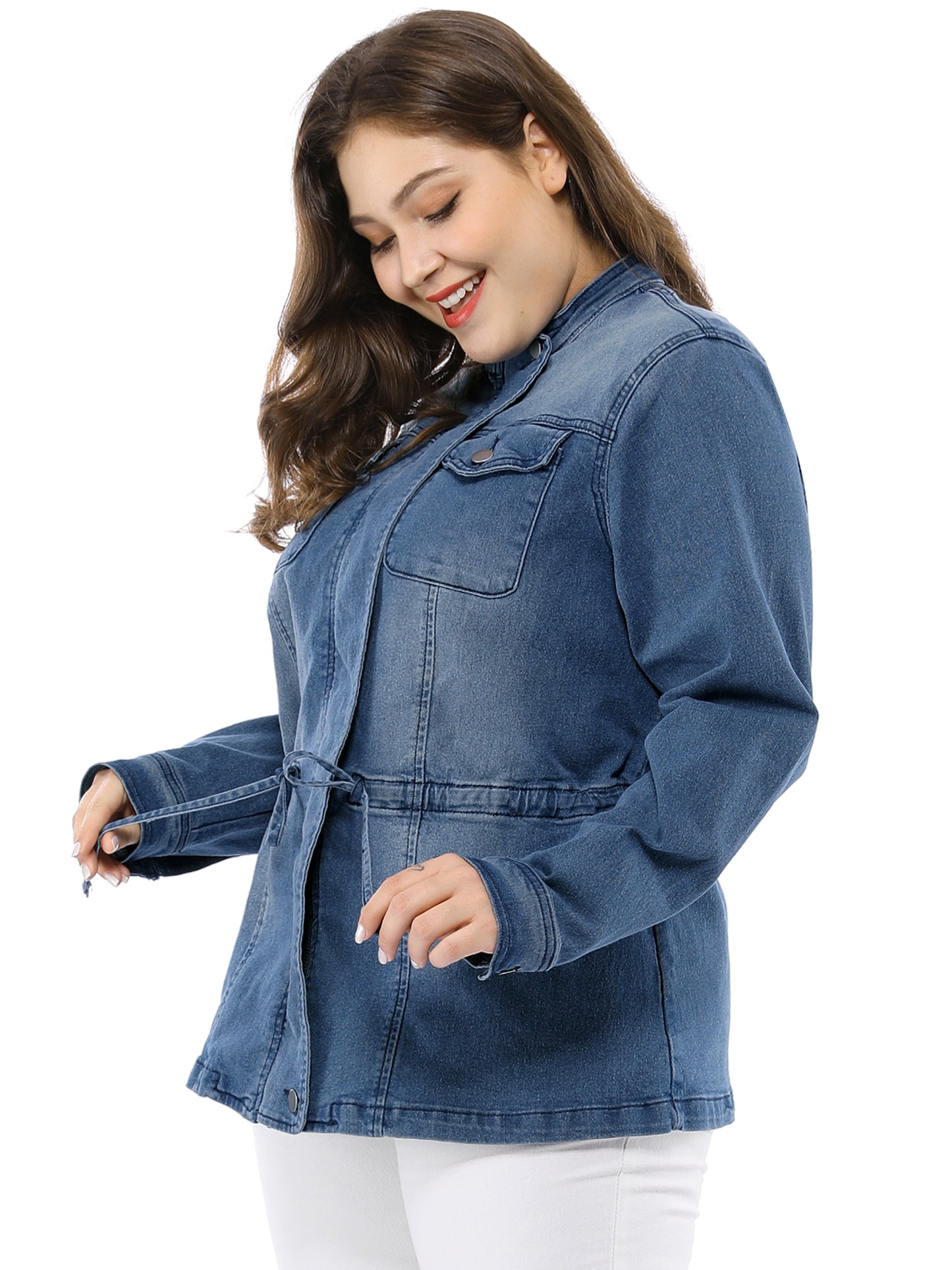 Women's Plus Size Denim Jacket Stretch Stand Collar Zip Drawstring Jean Jacket
