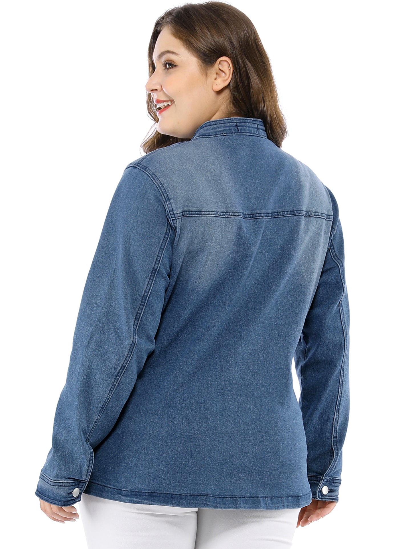 Women's Plus Size Denim Jacket Stretch Stand Collar Zip Drawstring Jean Jacket